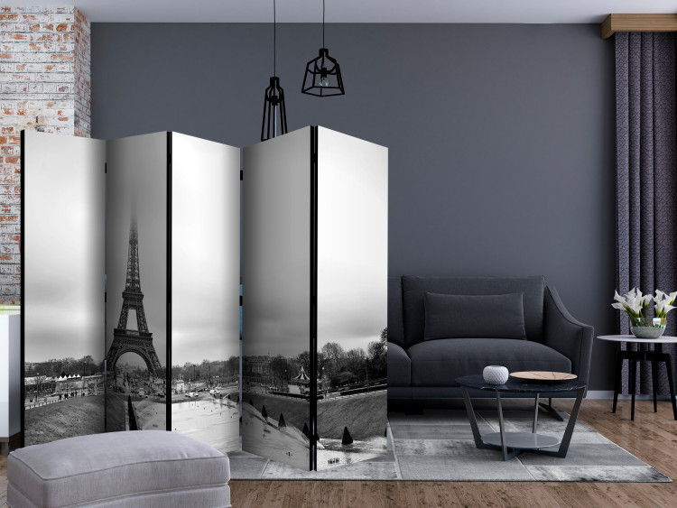 Folding Screen Tower in the Mist II (5-piece) - black and white frame in the center of Paris 124138 additionalImage 4