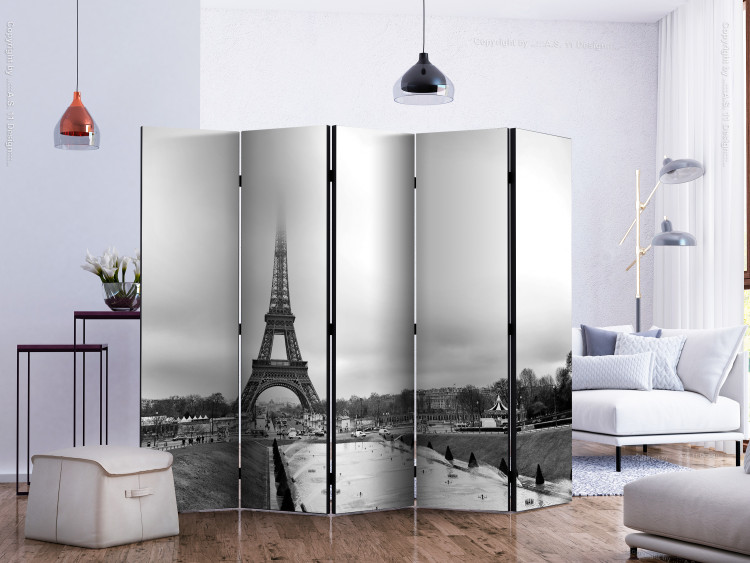 Folding Screen Tower in the Mist II (5-piece) - black and white frame in the center of Paris 124138 additionalImage 2