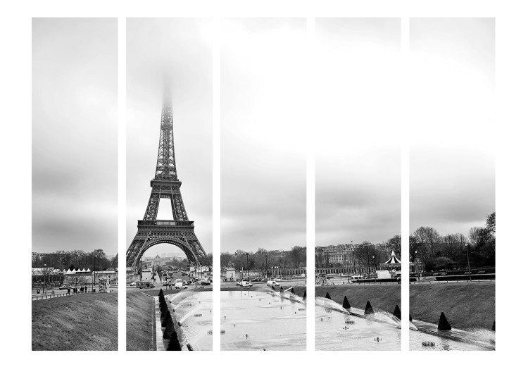 Folding Screen Tower in the Mist II (5-piece) - black and white frame in the center of Paris 124138 additionalImage 3