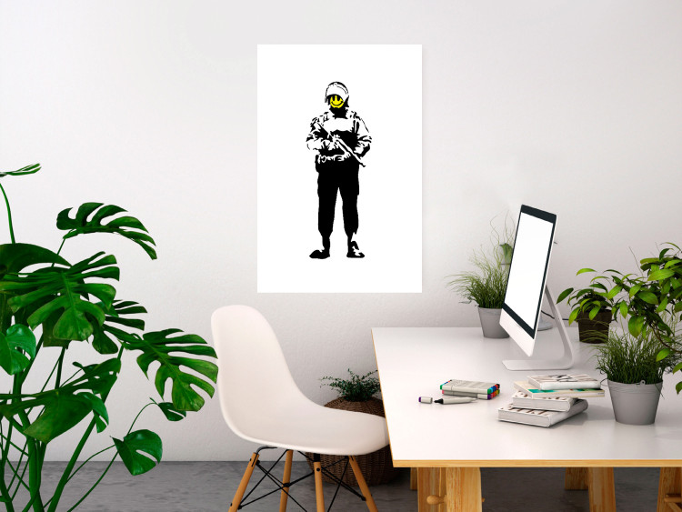 Wall Poster Smiling Policeman - black and white character with gun and yellow smiley face 124438 additionalImage 2