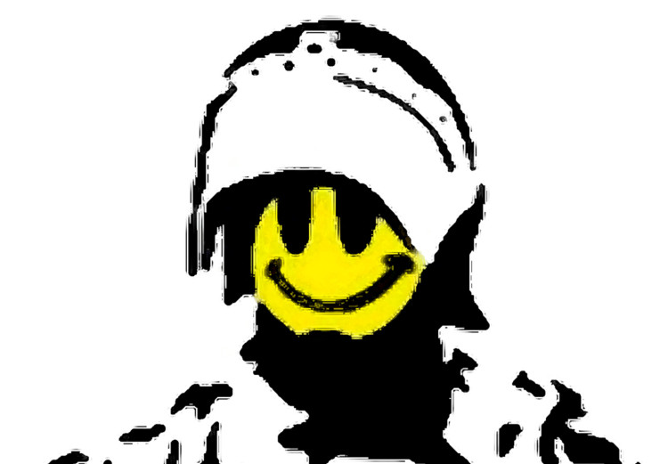 Wall Poster Smiling Policeman - black and white character with gun and yellow smiley face 124438 additionalImage 9