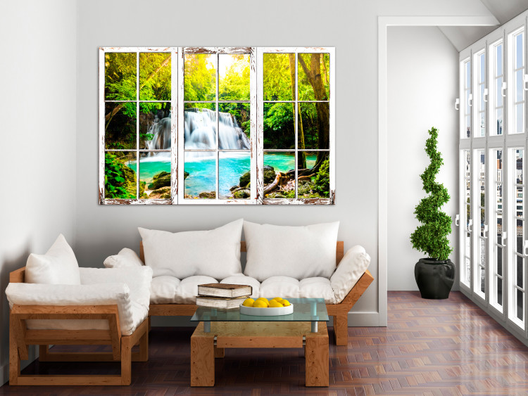 Canvas Waterfall seen through closed window - landscape with water and trees 125338 additionalImage 3