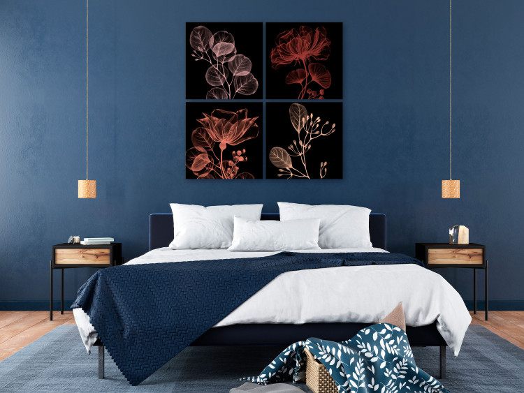 Canvas Art Print Four flowers - a composition with floral motifs on a black background 126538 additionalImage 3