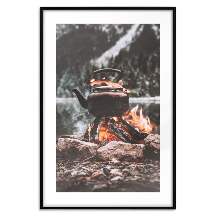 Poster Hearth - fireplace surrounded by stones against a background of lake and forest 126838 additionalImage 27