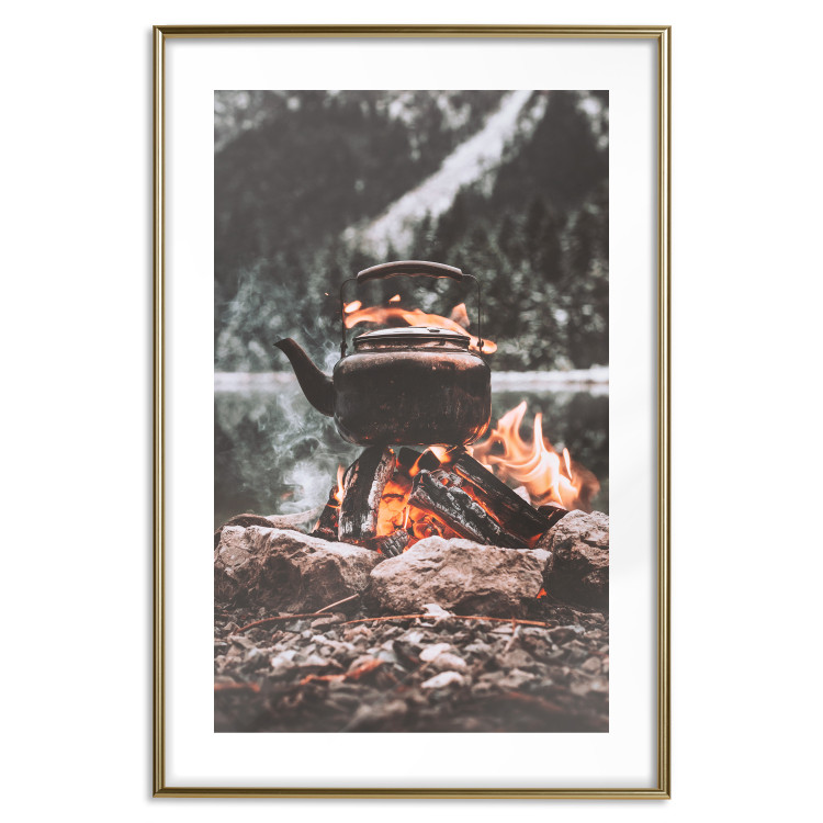 Poster Hearth - fireplace surrounded by stones against a background of lake and forest 126838 additionalImage 20