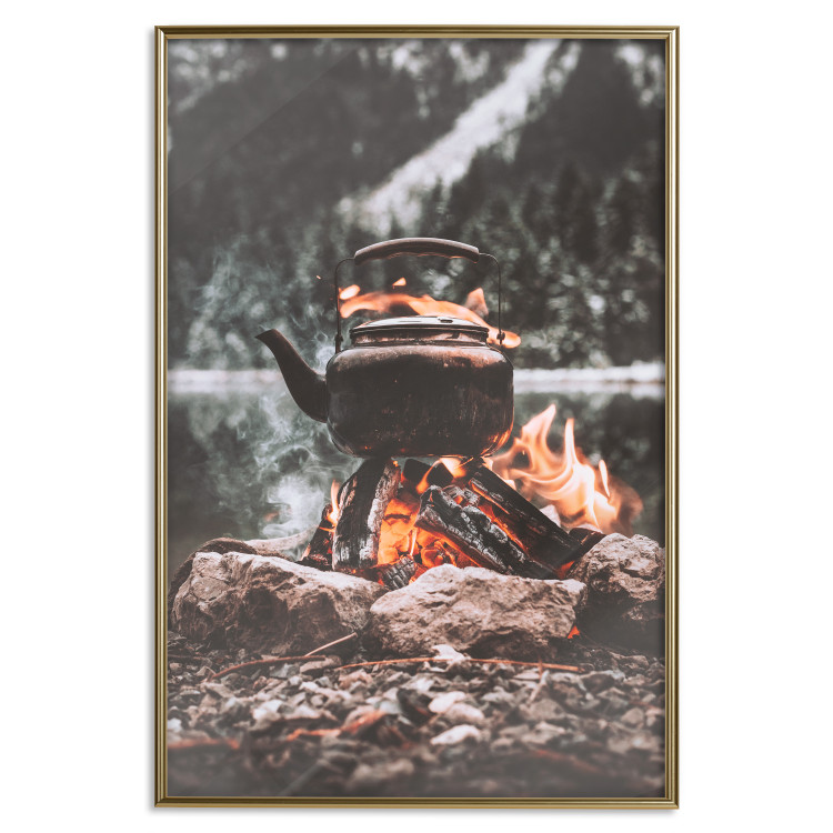 Poster Hearth - fireplace surrounded by stones against a background of lake and forest 126838 additionalImage 16
