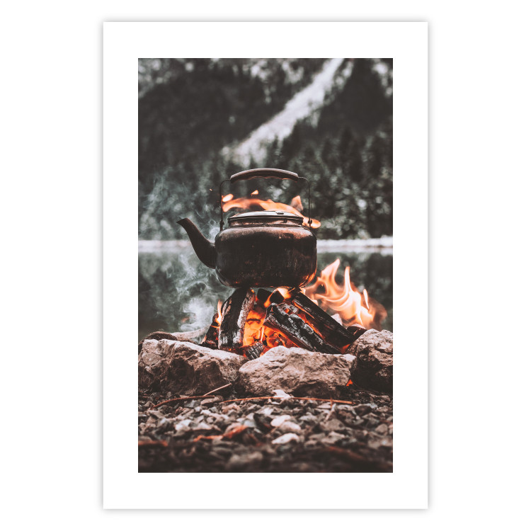 Poster Hearth - fireplace surrounded by stones against a background of lake and forest 126838 additionalImage 15