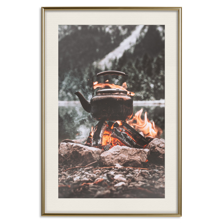 Poster Hearth - fireplace surrounded by stones against a background of lake and forest 126838 additionalImage 26