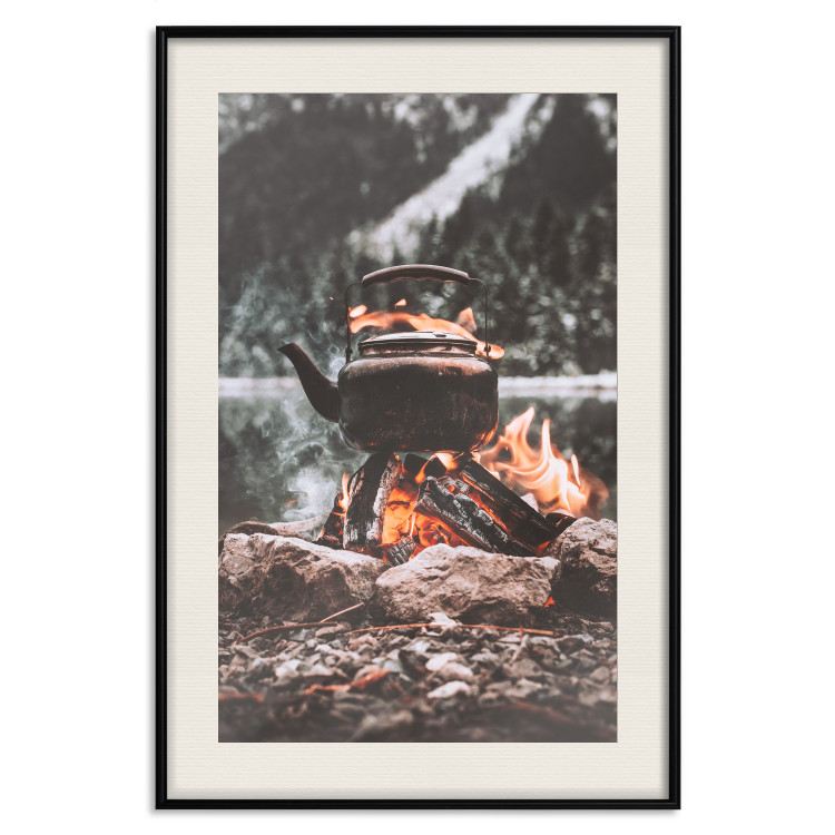 Poster Hearth - fireplace surrounded by stones against a background of lake and forest 126838 additionalImage 25