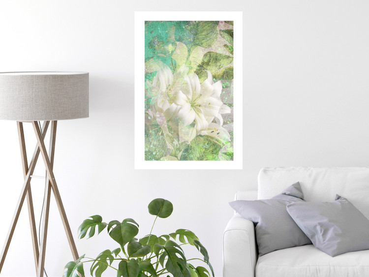 Wall Poster Green Breath - texture with white Lily flower on green background 127838 additionalImage 3