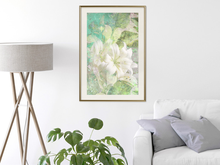 Wall Poster Green Breath - texture with white Lily flower on green background 127838 additionalImage 22
