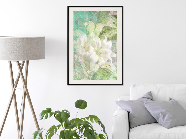 Wall Poster Green Breath - texture with white Lily flower on green background 127838 additionalImage 24