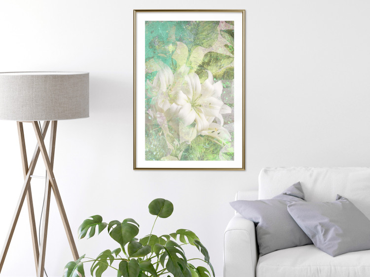 Wall Poster Green Breath - texture with white Lily flower on green background 127838 additionalImage 15