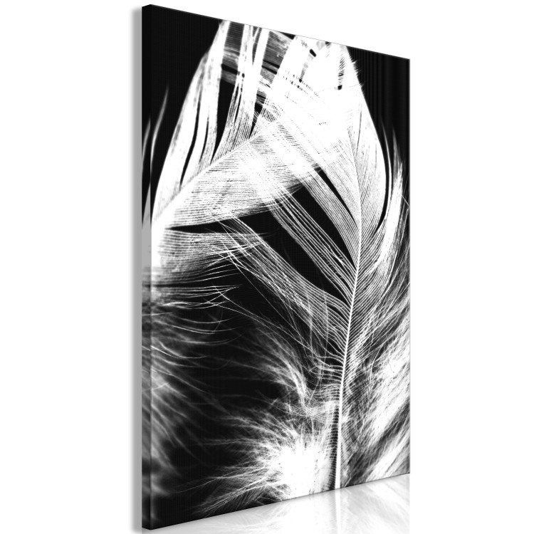 Canvas White Feather (1-piece) Vertical - white bird feather on black background 129738 additionalImage 2