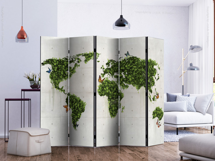 Room Divider Butterfly garden II (5-piece) - green world map on concrete background 132638 additionalImage 2