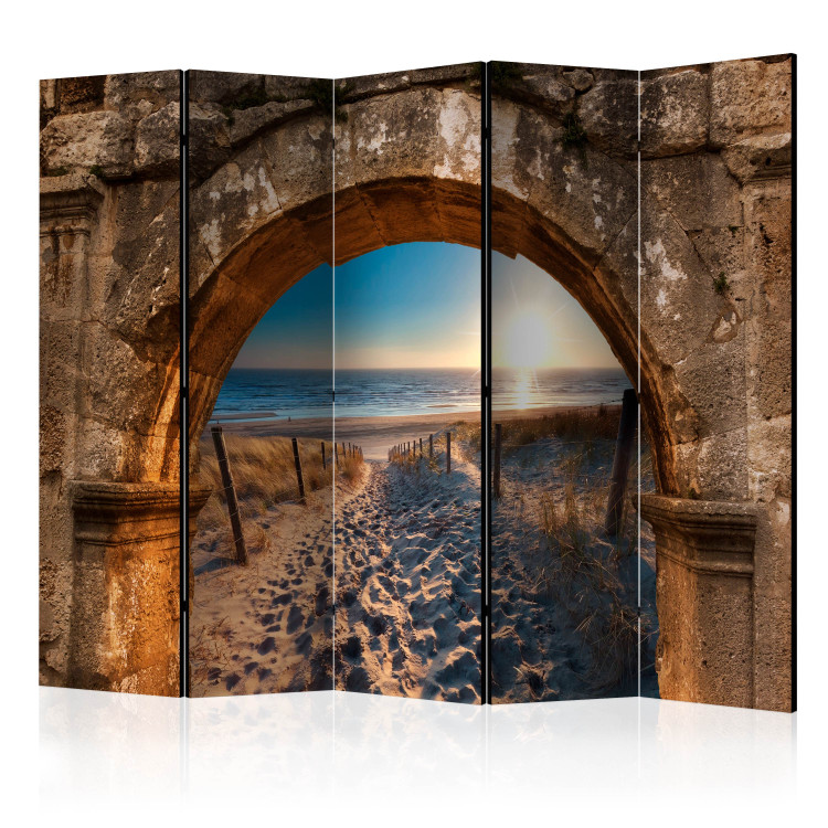 Room Divider Screen Arch and Beach II (5-piece) - view of footprints on sand against the ocean 132938