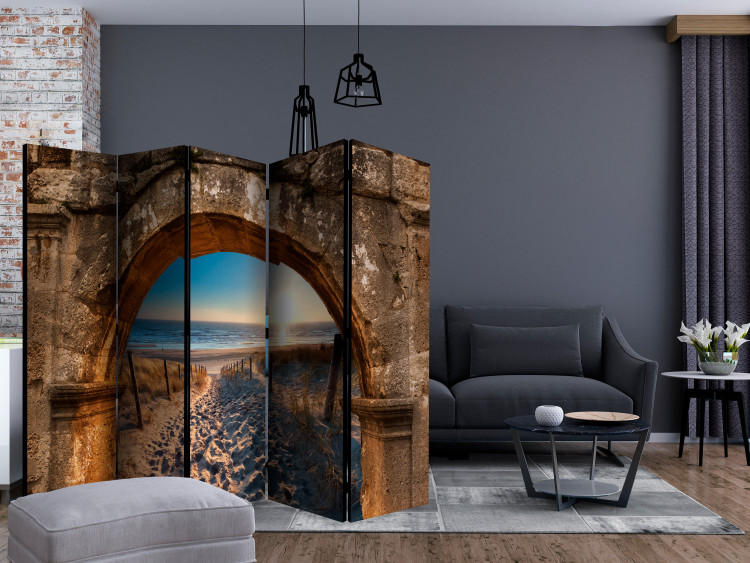 Room Divider Screen Arch and Beach II (5-piece) - view of footprints on sand against the ocean 132938 additionalImage 4
