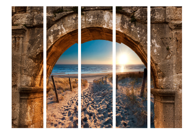 Room Divider Screen Arch and Beach II (5-piece) - view of footprints on sand against the ocean 132938 additionalImage 3