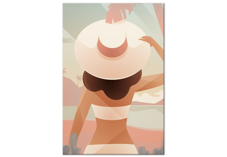 Canvas Art Print Girl in a hat on the beach - graphic with sea, woman and palm trees 135838