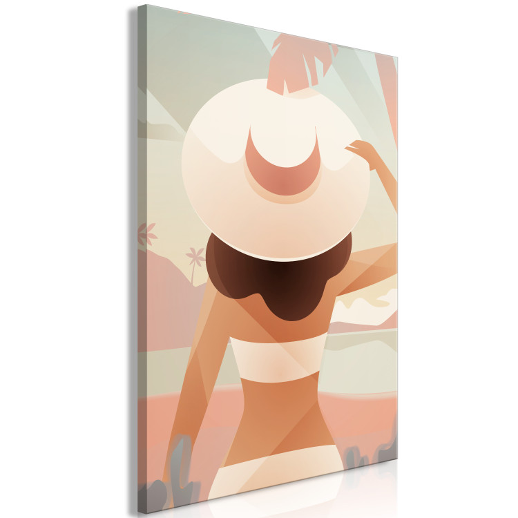 Canvas Art Print Girl in a hat on the beach - graphic with sea, woman and palm trees 135838 additionalImage 2