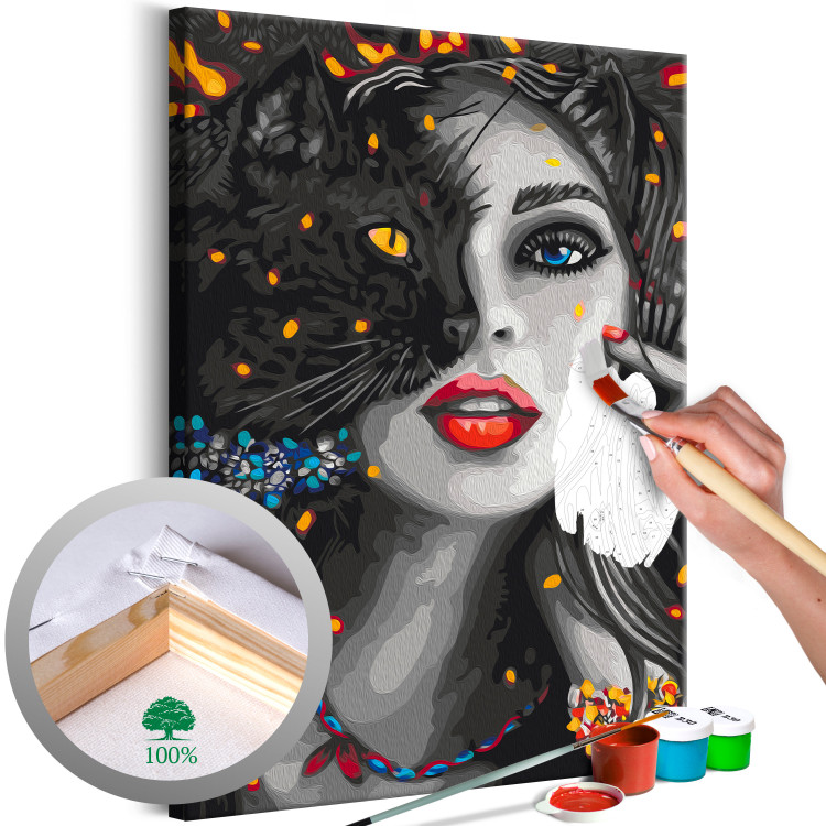 Paint by Number Kit Beautiful Eyes - Woman With Red Lips and a Cat With a Blue Collar 144138