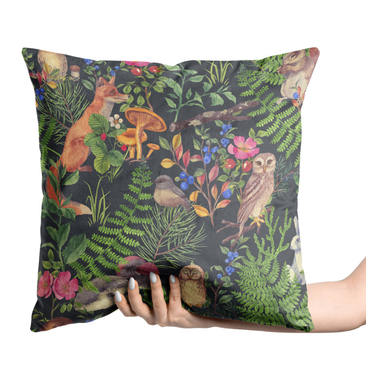 Decorative Velor Pillow Good neighbourhood - forest flora and fauna motif on black background 147138 additionalImage 2