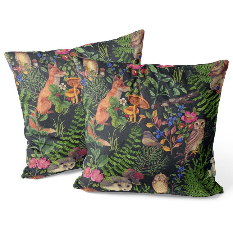 Decorative Velor Pillow Good neighbourhood - forest flora and fauna motif on black background 147138 additionalImage 3