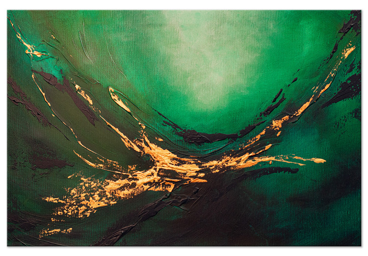 Canvas Painted Abstraction - Streaks of Black and Gold Against a Deep Green Background 148438