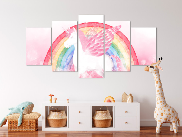 Canvas Art Print The Pink Power of the Unicorn - A Winged Animal Against a Rainbow Background 151438 additionalImage 3