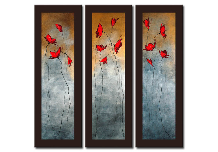 Canvas Windows with Poppies (3-piece) - Flowers on a background in natural colours 48538