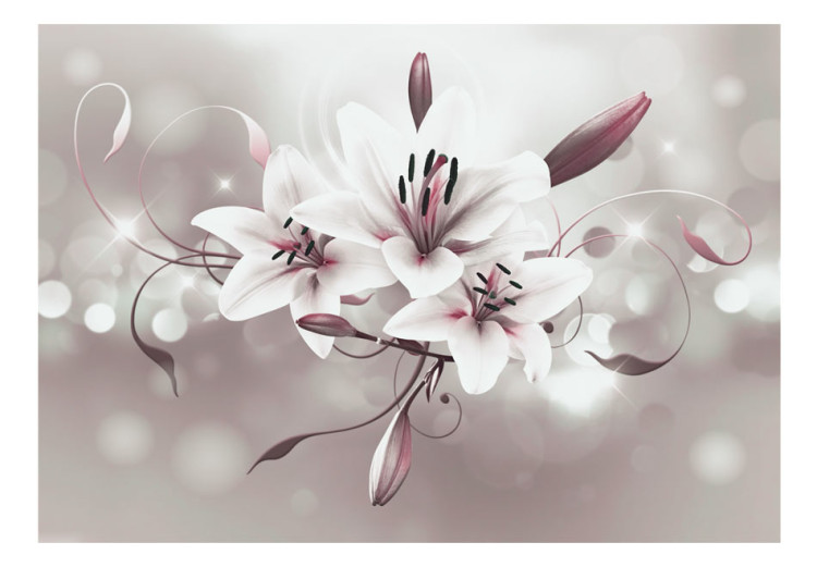 Photo Wallpaper White Flowers on Gray Background - Floral Pattern of Lilies with Twinkling Lights 64638 additionalImage 1