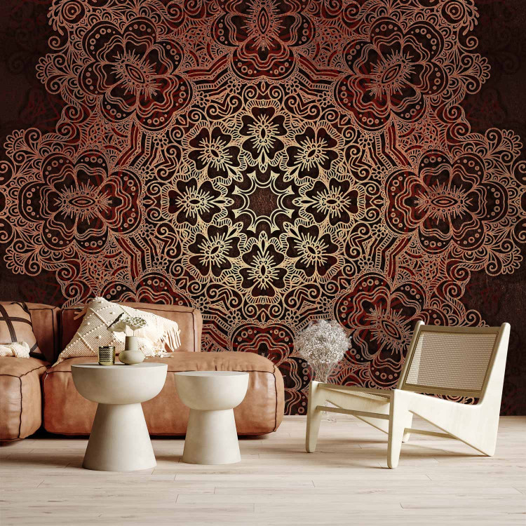 Wall Mural Mandala - contrasting oriental motif in a bright pattern on a red background 93138