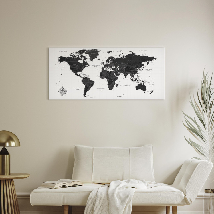 Canvas Print Black and White Map (1-part) Narrow - Black World Map with Labels 108448 additionalImage 3