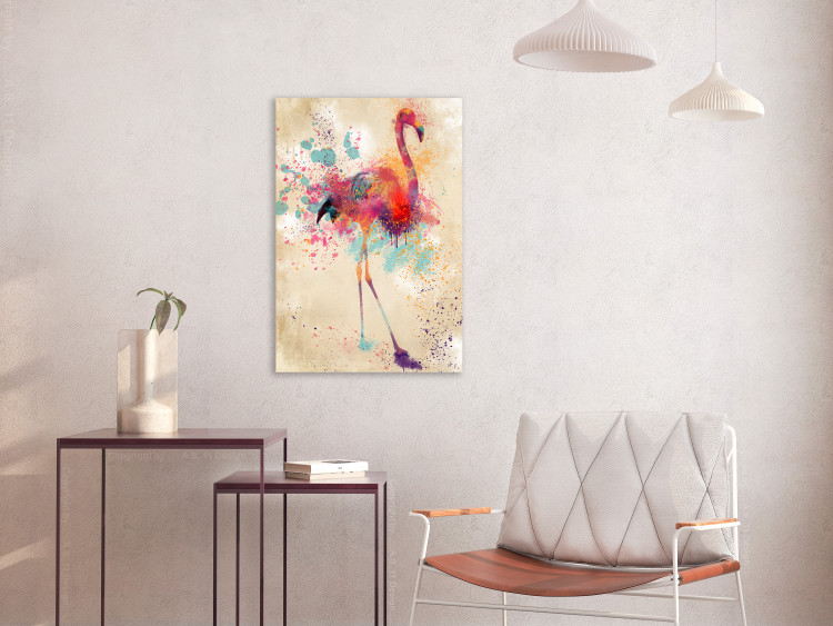 Canvas Art Print Watercolor Flamingo (1-part) vertical - futuristic colorful bird 128848 additionalImage 3