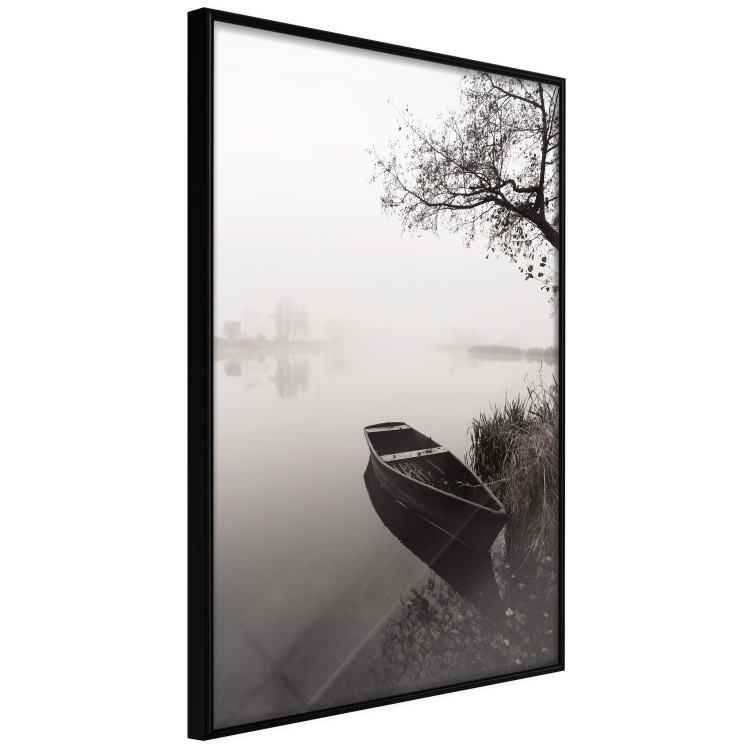 Wall Poster Harbor Under the Tree - black and white misty lake landscape with a boat 130348 additionalImage 5