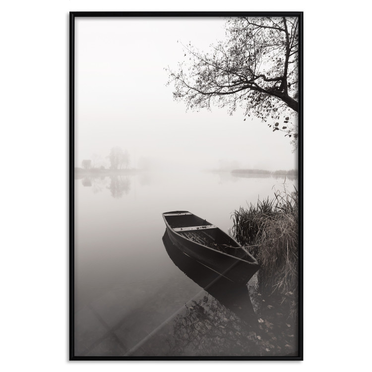 Wall Poster Harbor Under the Tree - black and white misty lake landscape with a boat 130348 additionalImage 18
