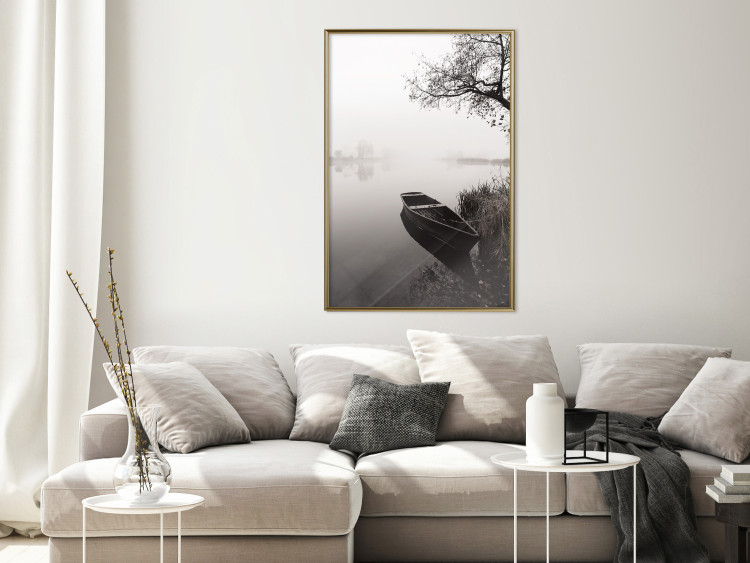 Wall Poster Harbor Under the Tree - black and white misty lake landscape with a boat 130348 additionalImage 12