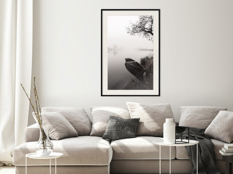 Wall Poster Harbor Under the Tree - black and white misty lake landscape with a boat 130348 additionalImage 24
