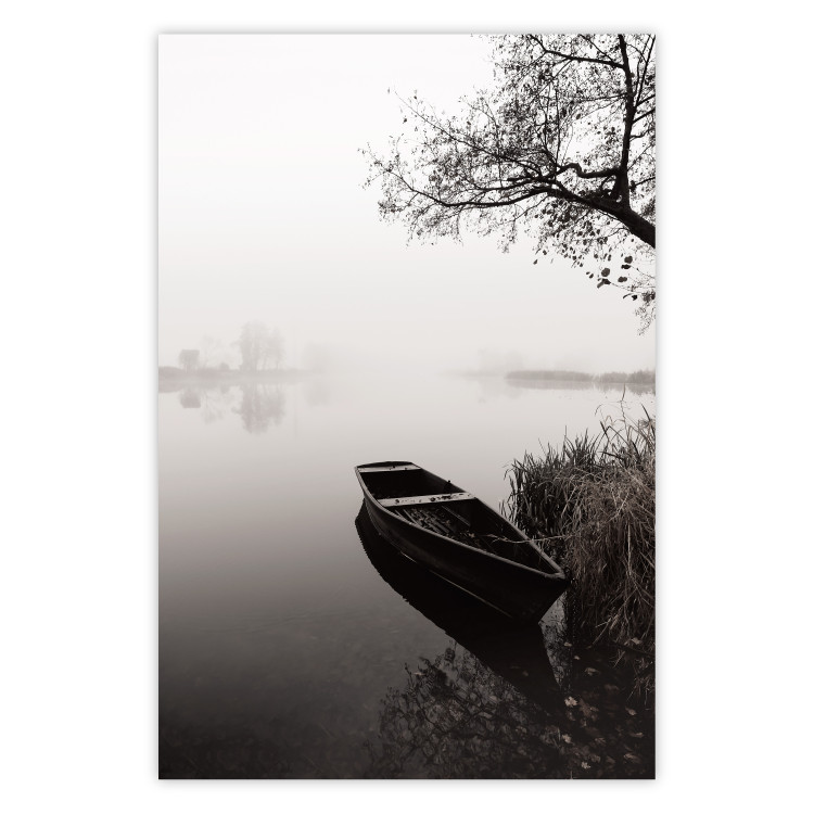 Wall Poster Harbor Under the Tree - black and white misty lake landscape with a boat 130348