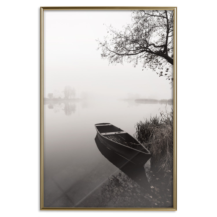 Wall Poster Harbor Under the Tree - black and white misty lake landscape with a boat 130348 additionalImage 21