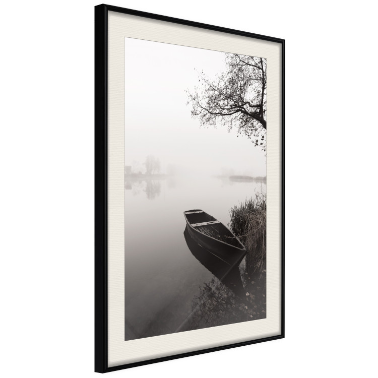 Wall Poster Harbor Under the Tree - black and white misty lake landscape with a boat 130348 additionalImage 3