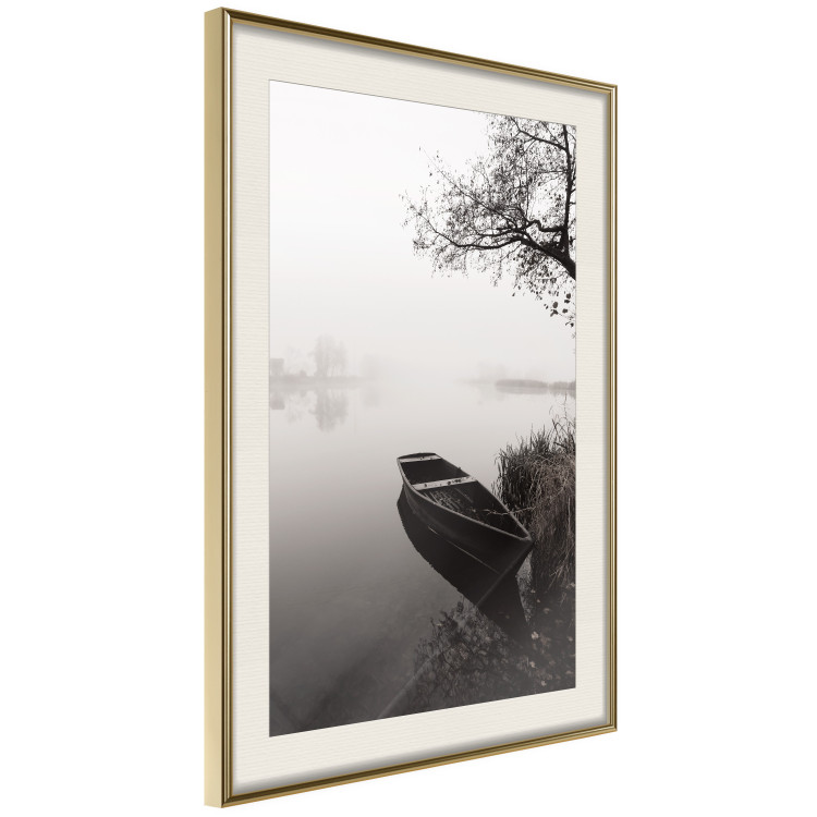 Wall Poster Harbor Under the Tree - black and white misty lake landscape with a boat 130348 additionalImage 4