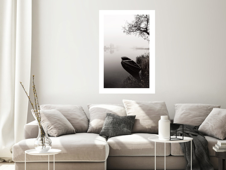 Wall Poster Harbor Under the Tree - black and white misty lake landscape with a boat 130348 additionalImage 14