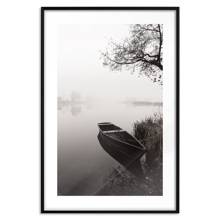 Wall Poster Harbor Under the Tree - black and white misty lake landscape with a boat 130348 additionalImage 17