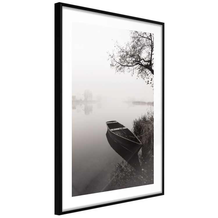Wall Poster Harbor Under the Tree - black and white misty lake landscape with a boat 130348 additionalImage 2