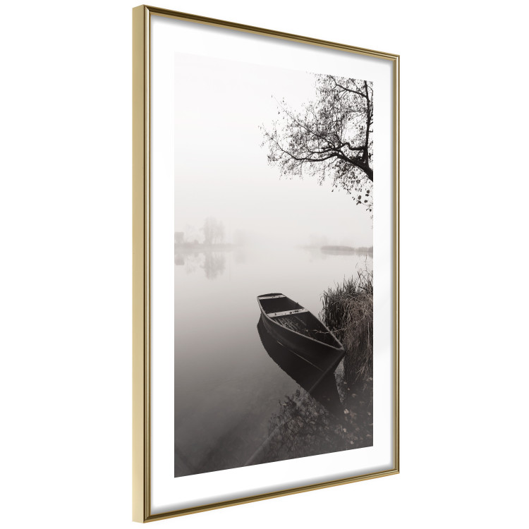 Wall Poster Harbor Under the Tree - black and white misty lake landscape with a boat 130348 additionalImage 6
