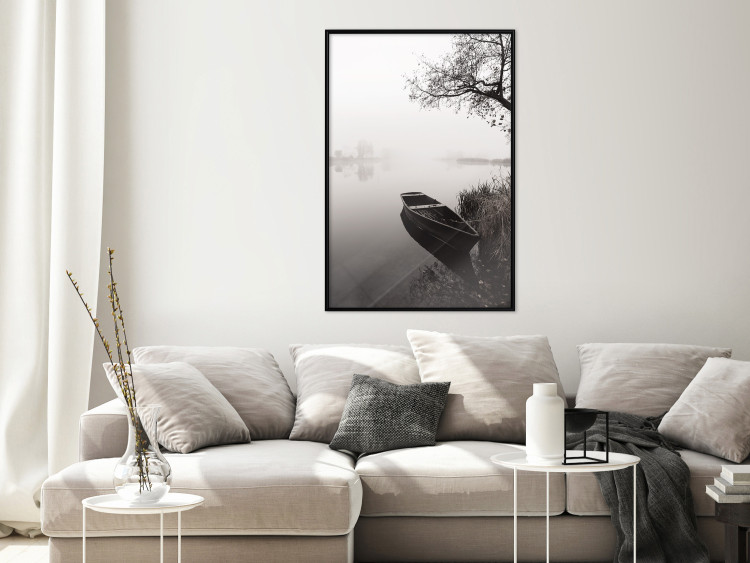 Wall Poster Harbor Under the Tree - black and white misty lake landscape with a boat 130348 additionalImage 11