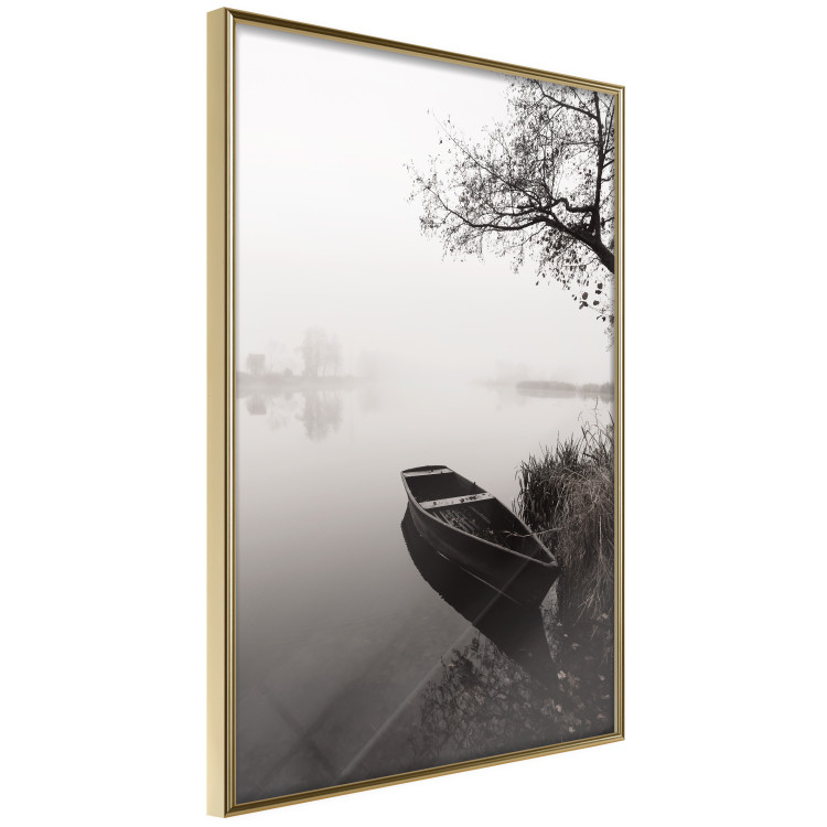 Wall Poster Harbor Under the Tree - black and white misty lake landscape with a boat 130348 additionalImage 8