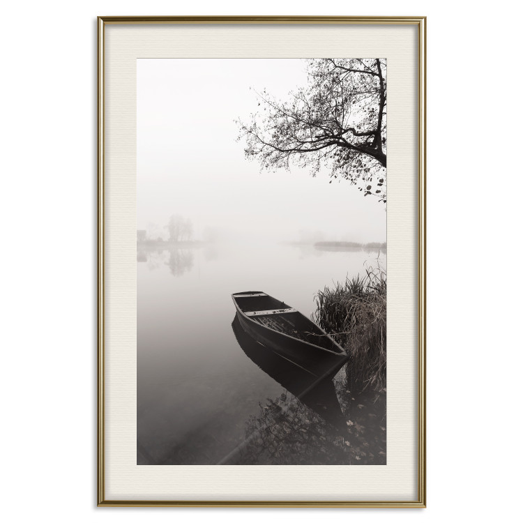 Wall Poster Harbor Under the Tree - black and white misty lake landscape with a boat 130348 additionalImage 20