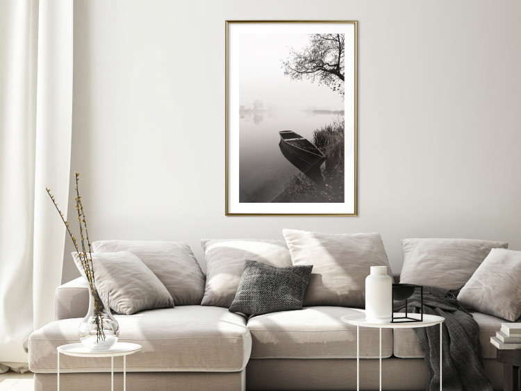 Wall Poster Harbor Under the Tree - black and white misty lake landscape with a boat 130348 additionalImage 15
